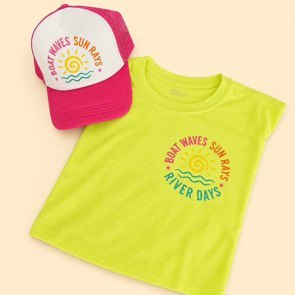 Boat Waves Sun Rays River Days front shirt design and matching hat