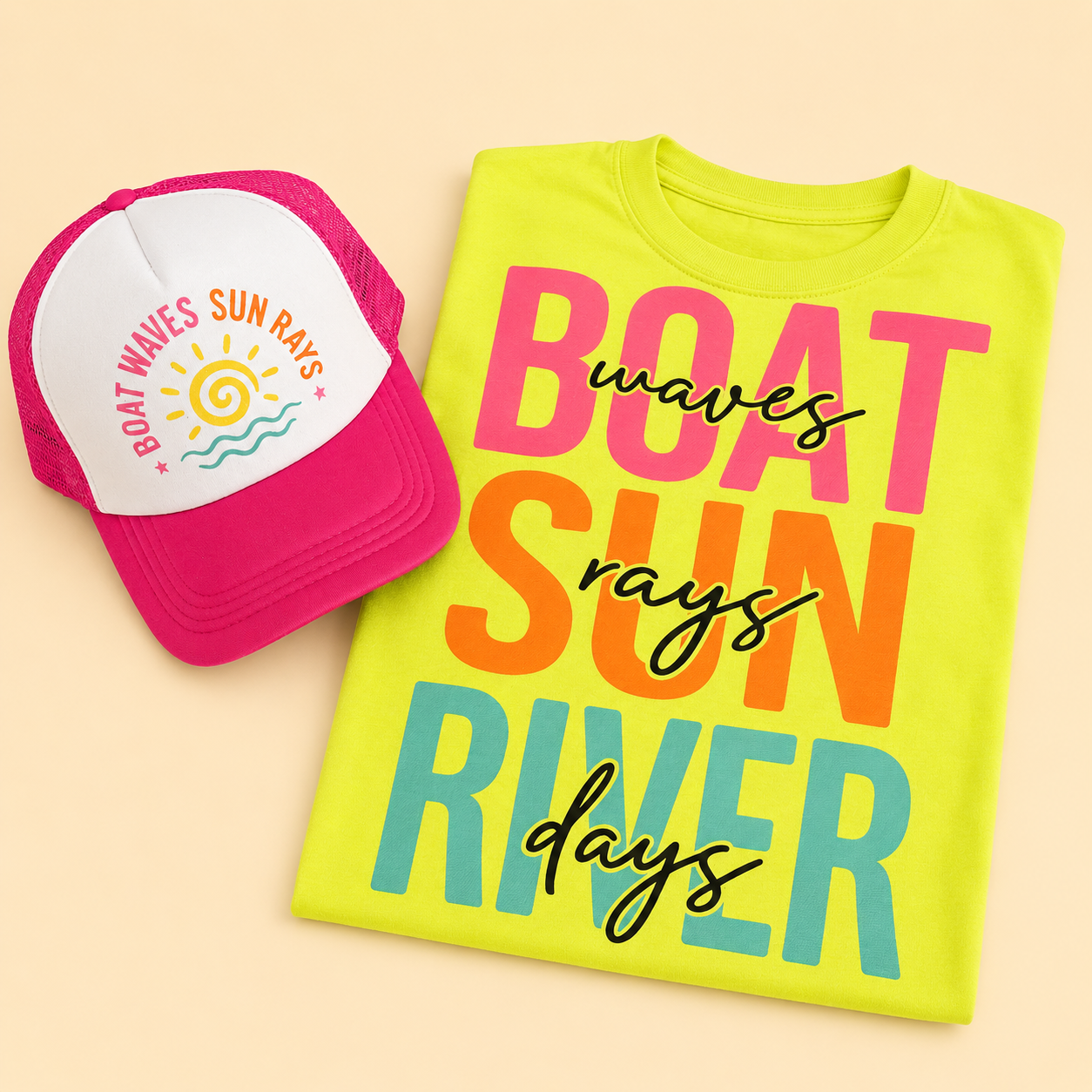 Boat Waves Sun Rays River Days shirt and matching hat
