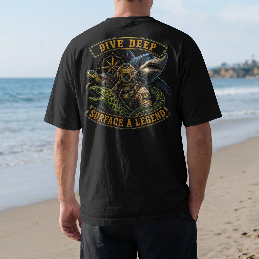 Dive Deep Surface A Legend LP Depth Co back print T-shirt mockup