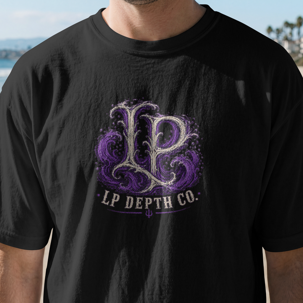LP Depth Co purple front chest logo close-up T-shirt mockup