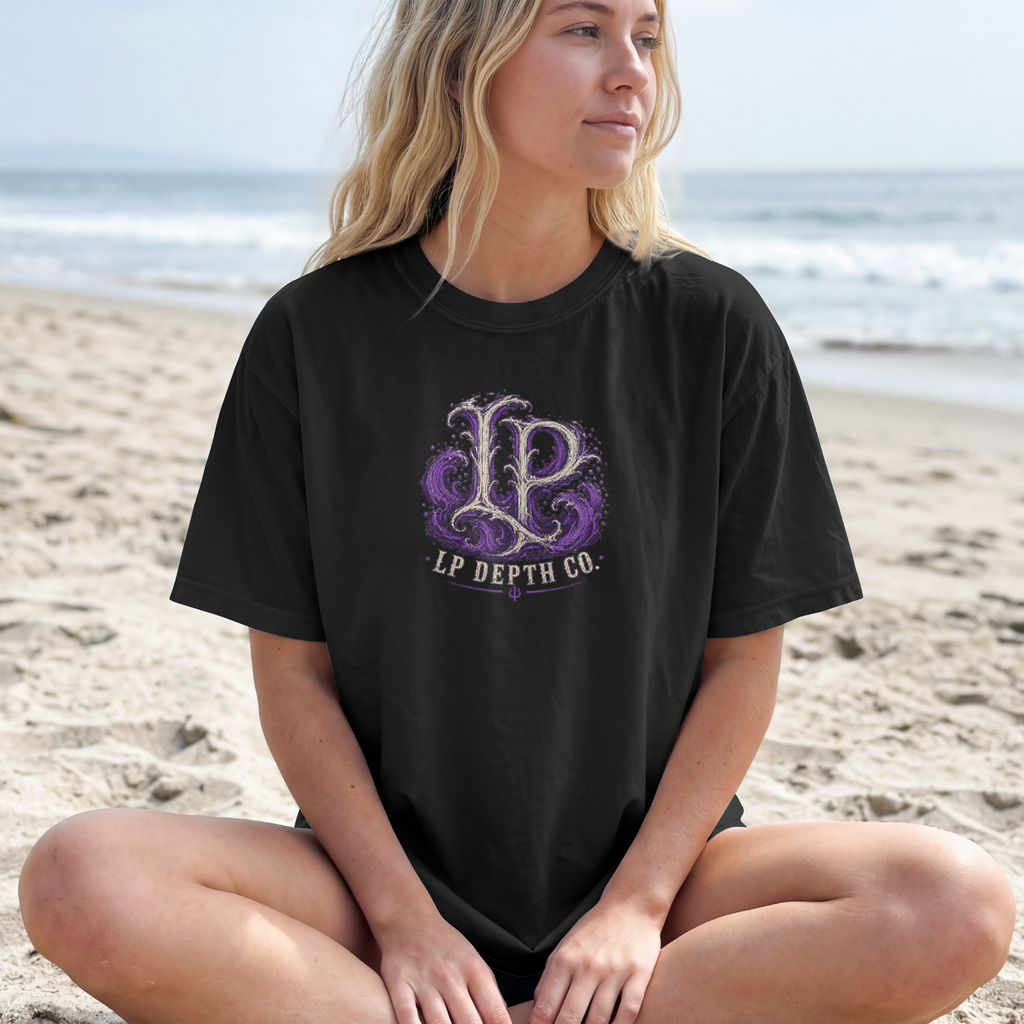 LP Depth Co purple front chest logo black T-shirt mockup