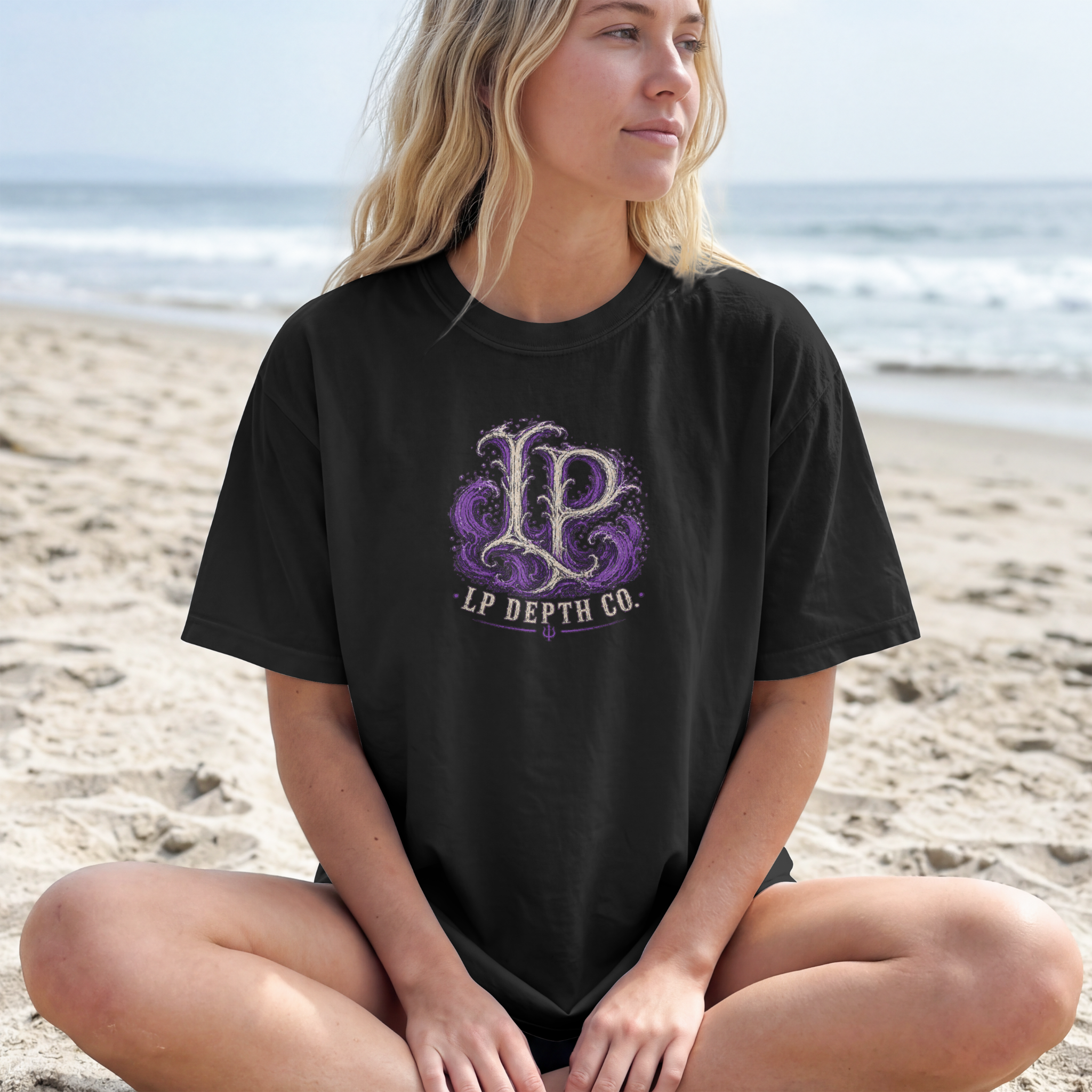 LP Depth Co purple front chest logo black T-shirt mockup