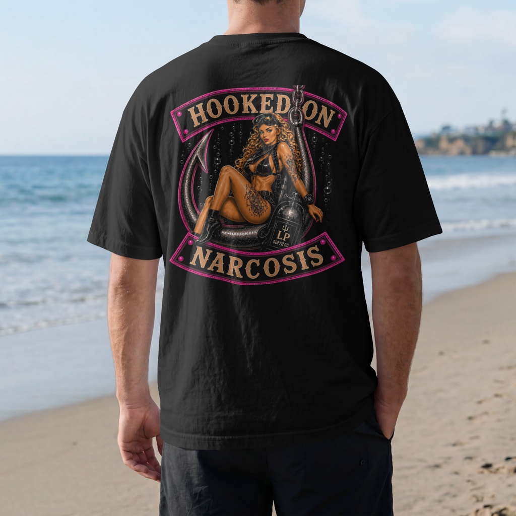 Hooked on Narcosis scuba shirt mockup