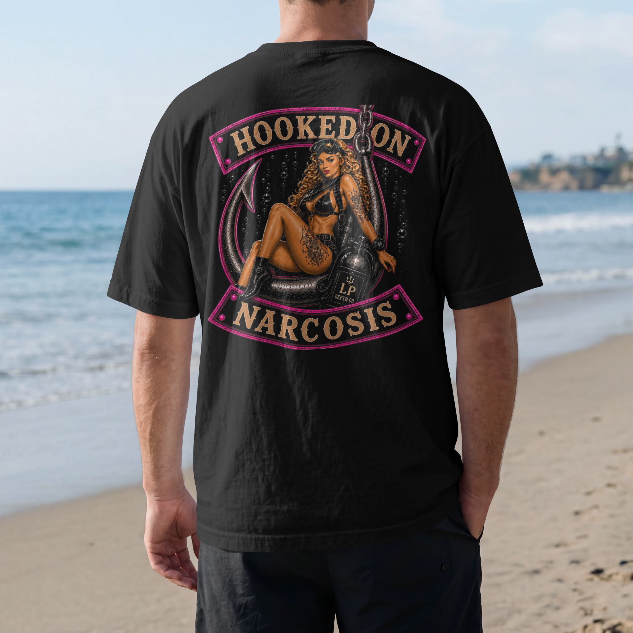 Hooked on Narcosis scuba shirt mockup