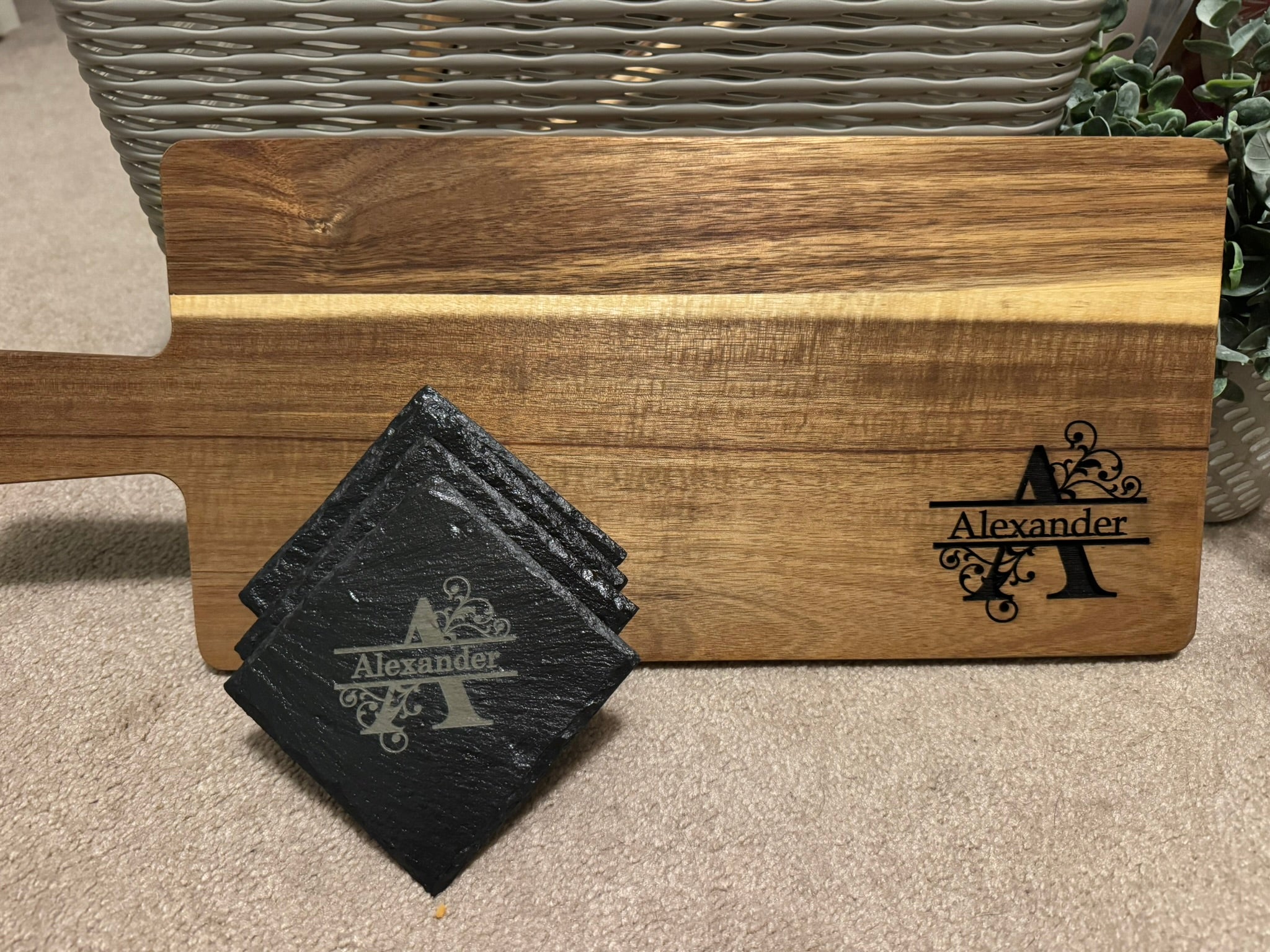 Personalized Laser Engraved Acacia Wood Cutting Board & Slate Coaster Set (Set of 4)