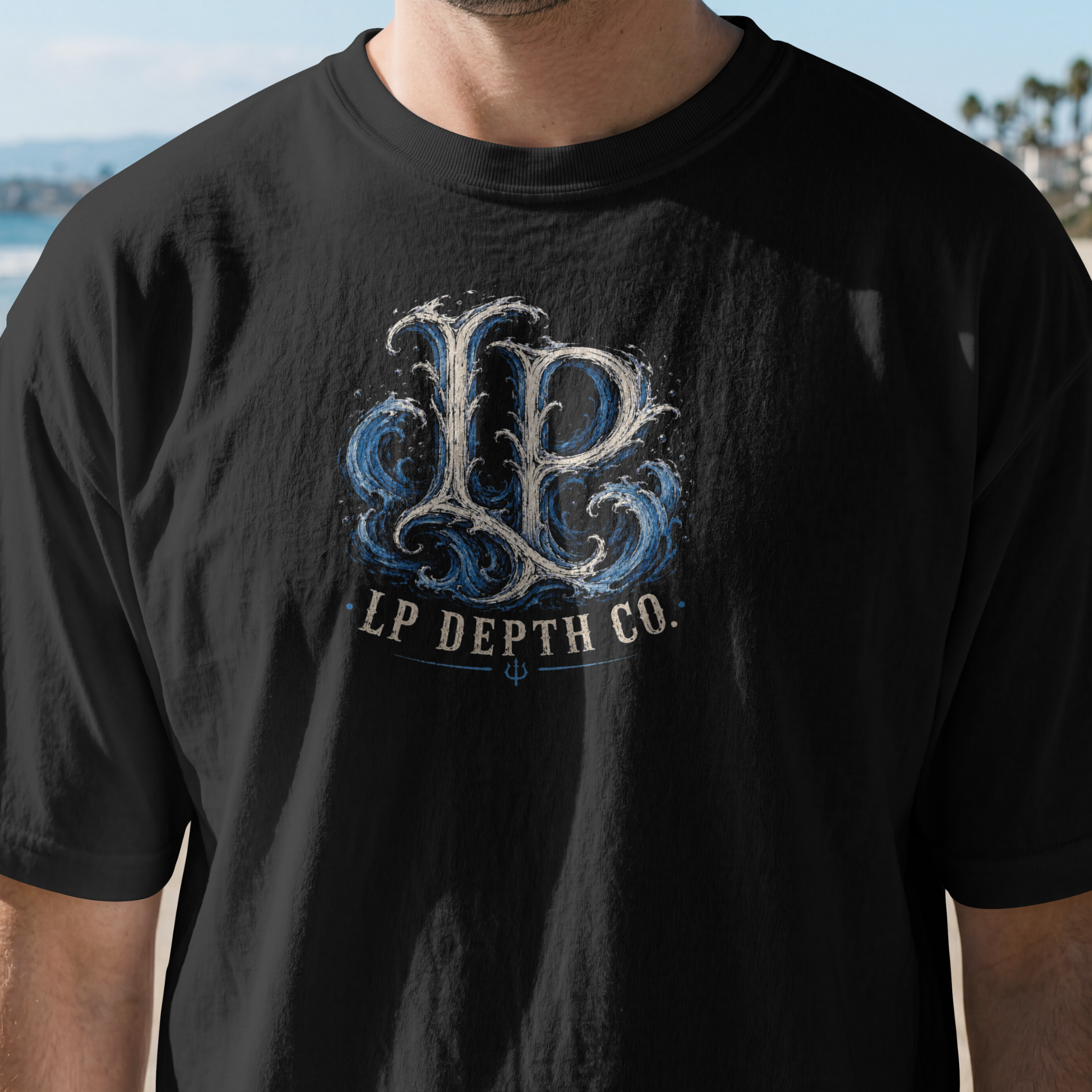 LP Depth Co front chest logo close-up T-shirt mockup