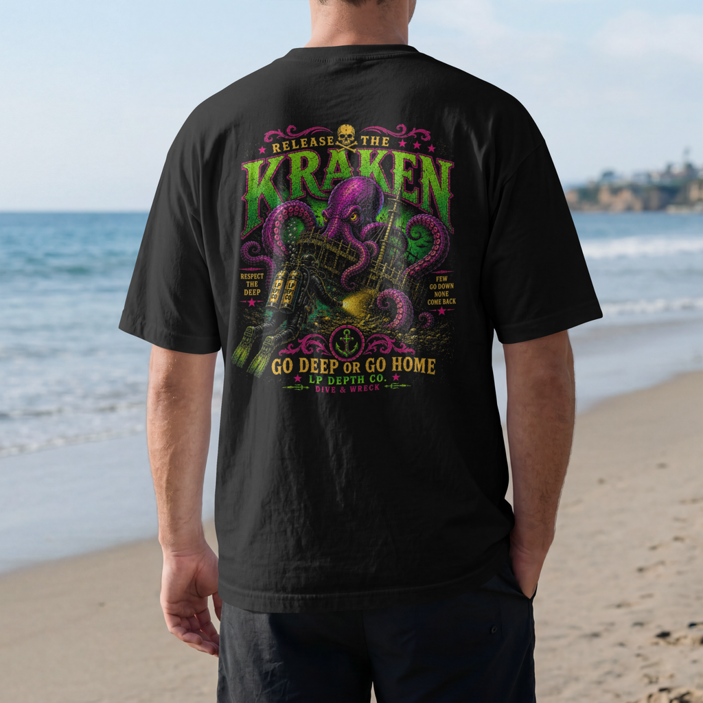 Release the Kraken LP Depth Co back print T-shirt mockup