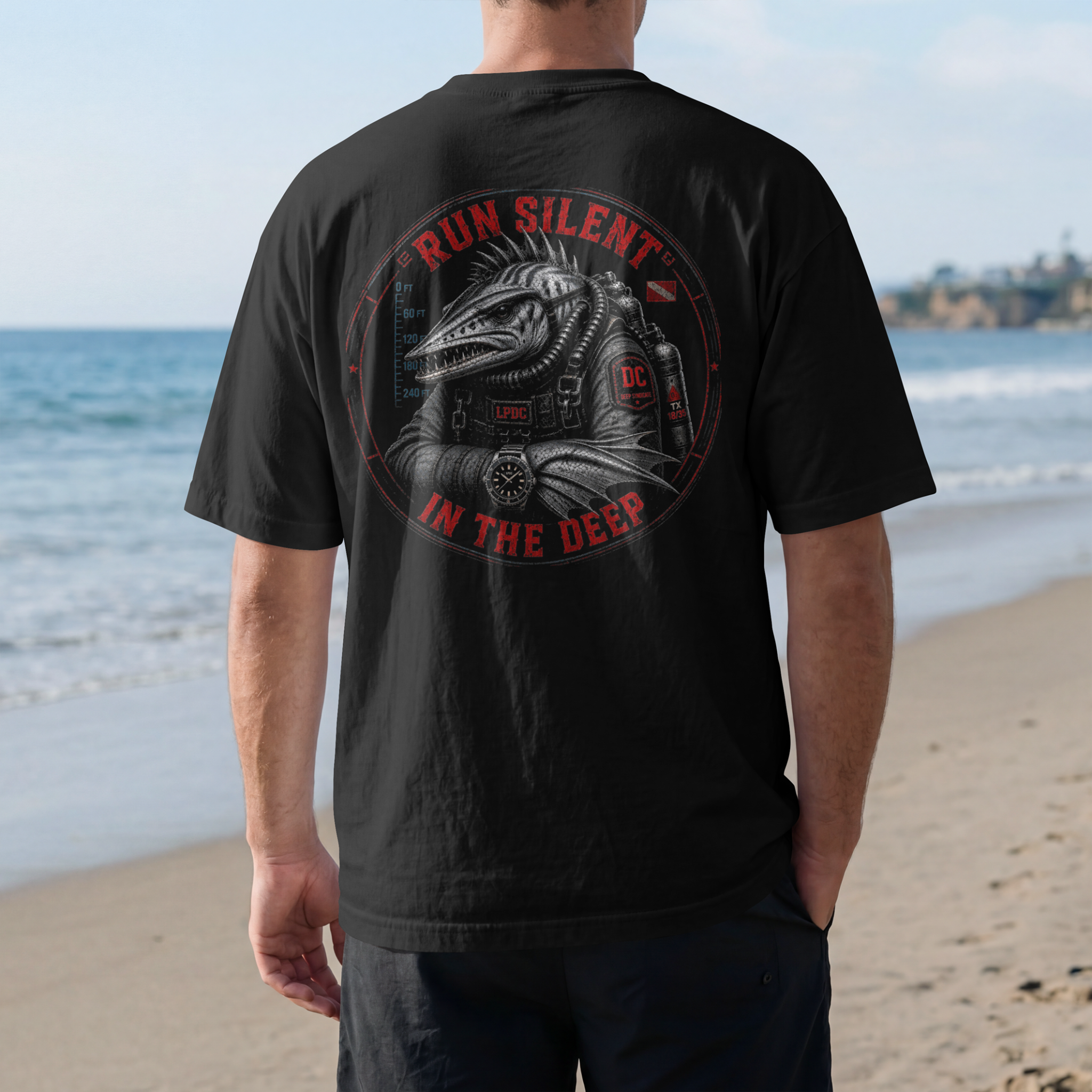Run Silent In The Deep LP Depth Co back print T-shirt mockup