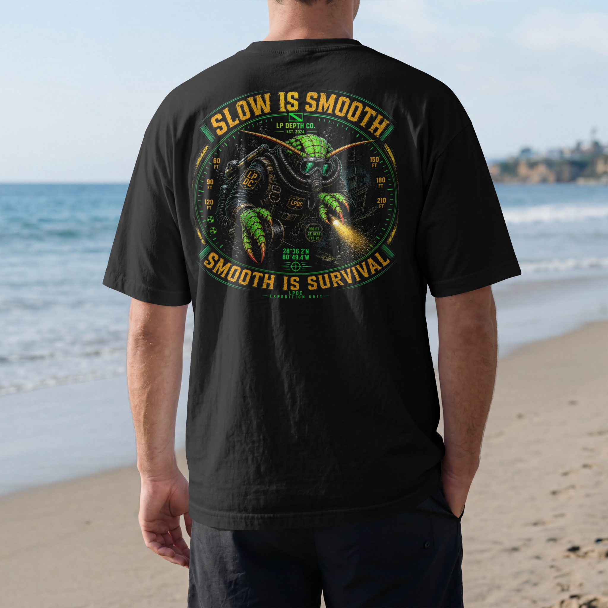 Slow is Smooth Smooth is Survival LP Depth Co back print T-shirt mockup