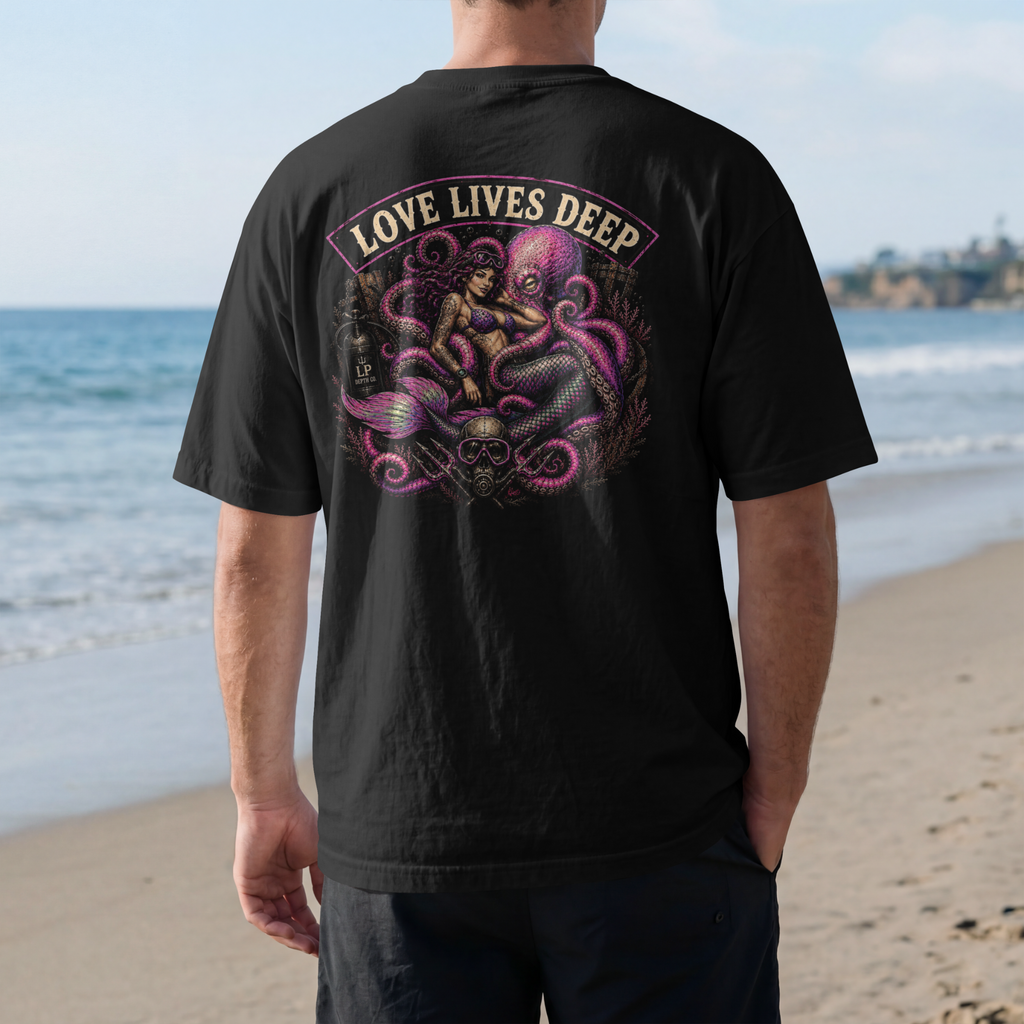 Love Lives Deep LP Depth Co back print T-shirt mockup