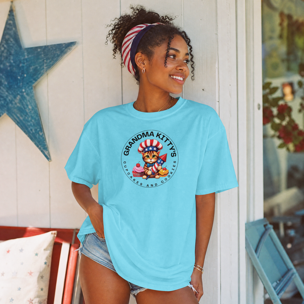 Grandma Kitty’s 4th of July pink t-shirt with patriotic cupcake and cookie logo