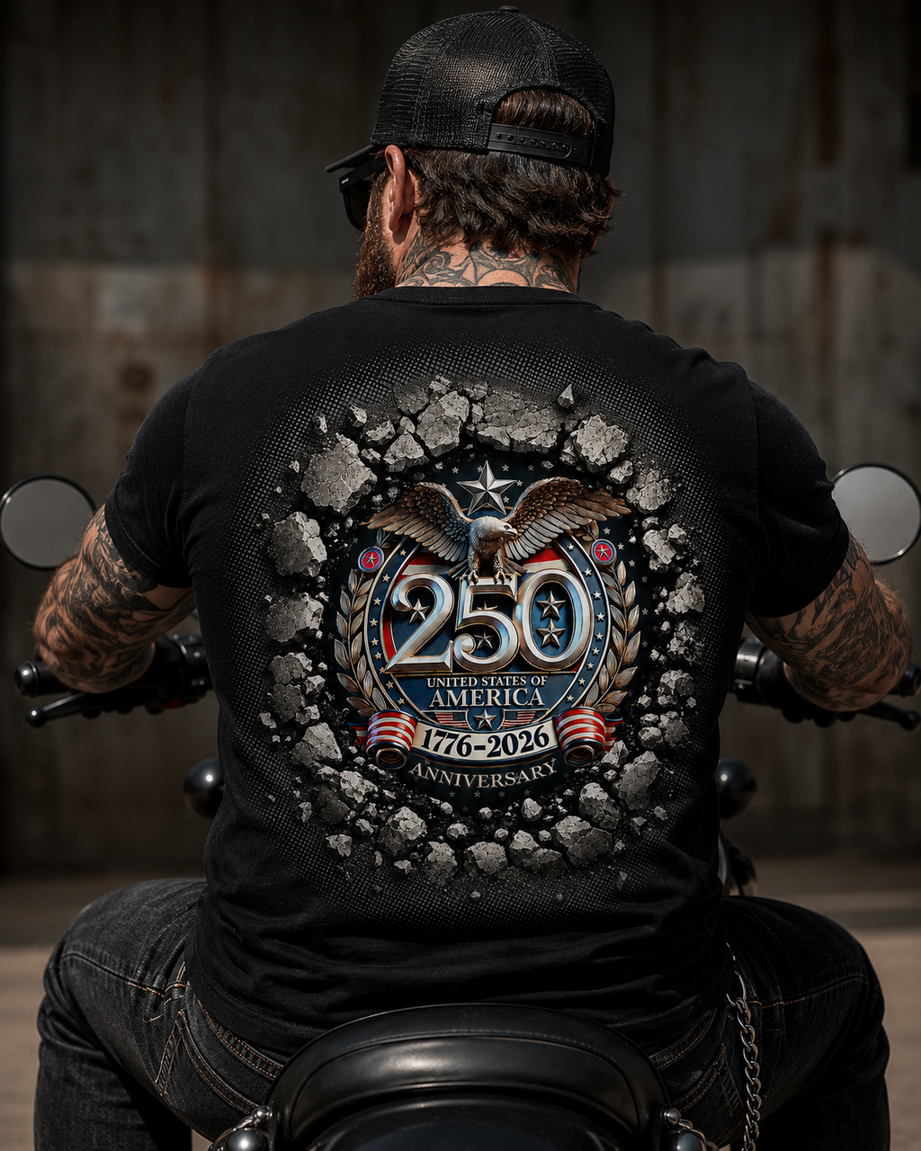 250th USA Anniversary T-shirt back print shown on a biker wearing a black shirt