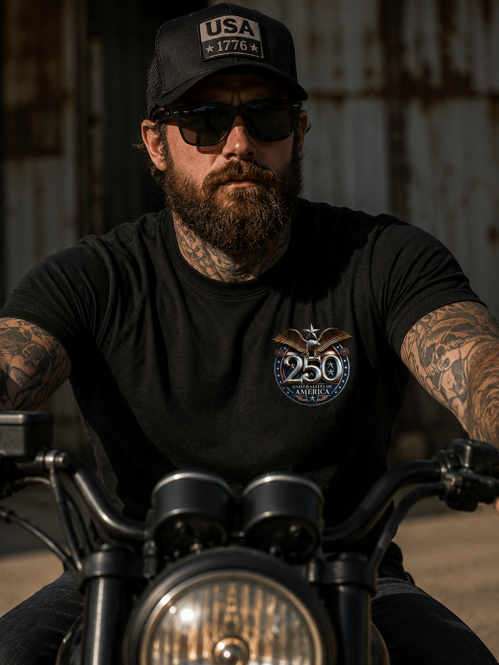 250th USA Anniversary T-shirt front left chest print shown on a biker wearing a black shirt