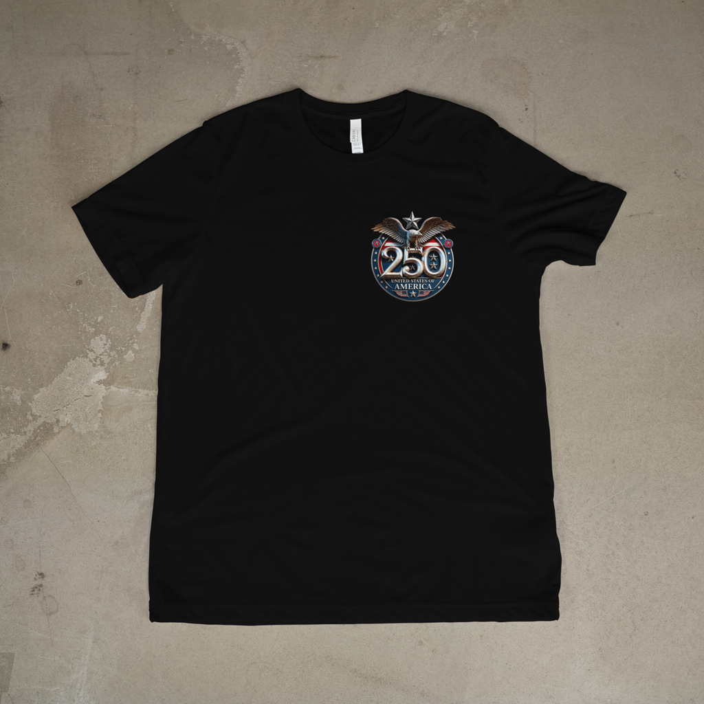 250th USA Anniversary T-shirt front left chest design on black shirt mockup